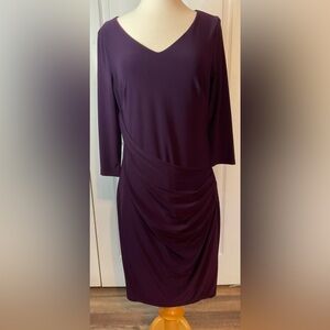 Lauren Ralph Lauren Purple V‎ Neck Midi Dress 3/4 Sleeve Size 10